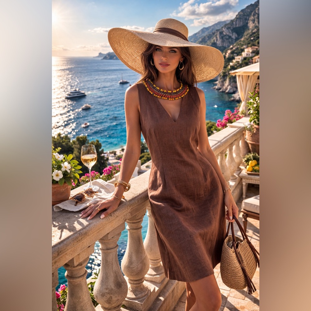 VTG Max Mara Sportmax Linen Dress Women M Beaded Neck Italy Resort Luxury Brown